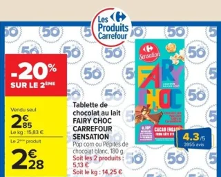 Tablette de chocolat au lait FAIRY CHOC CARREFOUR SENSATION