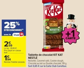 Tablette de chocolat KIT KAT NESTLÉ Noisette, Caramel salé, Cookie dough, Chocolat au lait ou Double chocolat