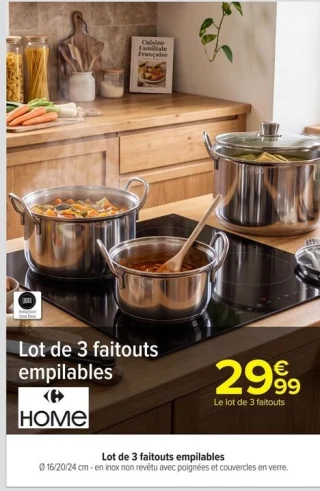Lot de 3 faitouts empilables HOME