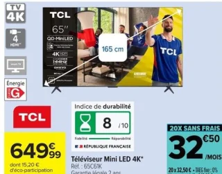 Téléviseur Mini LED 4K TCL 65C61K