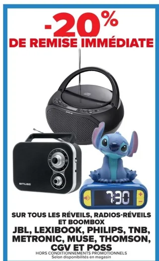 Réveils, radios-réveils et boombox JBL, Lexibook, Philips, TNB, Metronic, Muse, Thomson, CGV et Poss