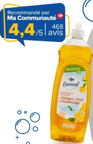 Carrefour Essential Liquide Vaisselle au Vinaigre de Fruits Citron