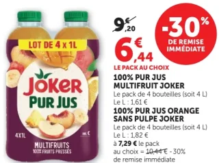 100% Pur Jus Joker (Multifruit ou Sans Pulpe Orange)