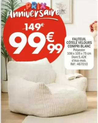 Fauteuil Côtelé Velours Compri Blanc