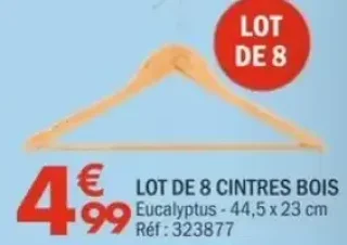 LOT DE 8 CINTRES BOIS Eucalyptus 44,5 x 23 cm