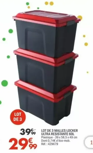 Lot de 3 malles locker ultra résistante 60L