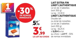 Lait Extra Fin Lindt L'Authentique ou Double lait ou éclat de noisettes