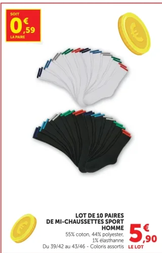 Lot de 10 paires de mi-chaussettes sport homme
