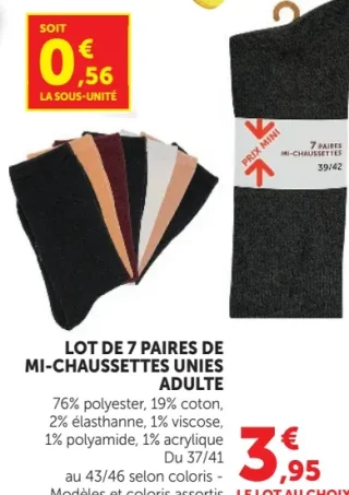 Lot de 7 paires de mi-chaussettes unies adulte
