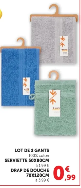 LOT DE 2 GANTS, SERVIETTE 50X80CM ou DRAP DE DOUCHE 70X120CM