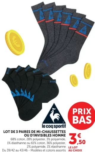 Lot de 3 paires de mi-chaussettes ou d'invisibles homme le coq sportif