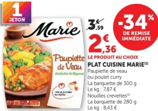 Plat cuisine Marie (Paupiette de veau ou Poulet curry ou Nouilles crevettes)