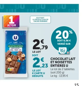 CHOCOLAT LAIT ET NOISETTES ENTIERES U