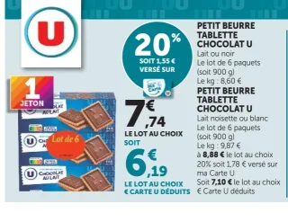 PETIT BEURRE TABLETTE CHOCOLAT U Lait/noir/Lait noisette/blanc