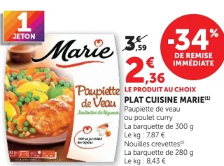 Plat cuisine Marie Paupiette de veau, poulet curry ou nouilles crevettes