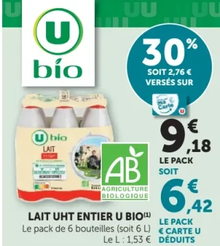 Lait UHT entier U Bio