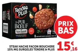 Steak haché façon bouchère 15% MG surgelés Tendre & Plus