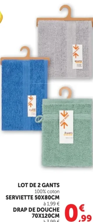 Lot de 2 gants / Serviette 50x80cm / Drap de douche 70x120cm