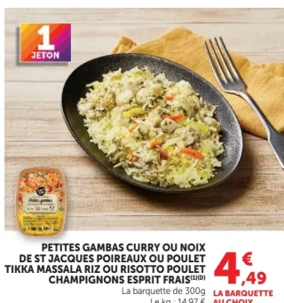 Petites gambas curry ou noix de st jacques poireaux ou poulet tikka massala riz ou risotto poulet champignons Esprit Frais