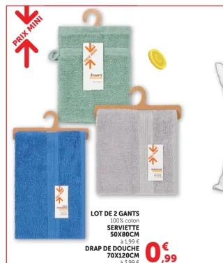 Lot de 2 gants ou Serviette ou Drap de douche 100% coton