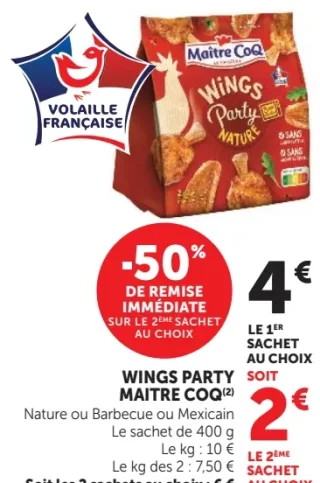 Wings Party Maître CoQ Nature ou Barbecue ou Mexicain