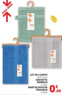 Lot de 2 gants, serviette 50x80cm ou drap de douche 70x120cm