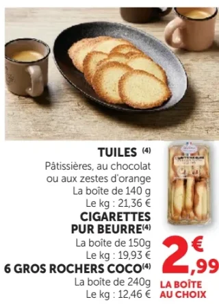 Tuiles, Cigarettes pur beurre ou 6 gros rochers coco