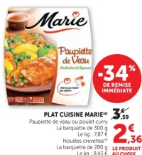 Plat cuisine Marie Paupiette de veau ou poulet curry ou Nouilles crevettes