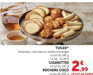 Tuiles Amandes, chocolat ou zestes d'oranges, Cigarettes ou Rochers Coco