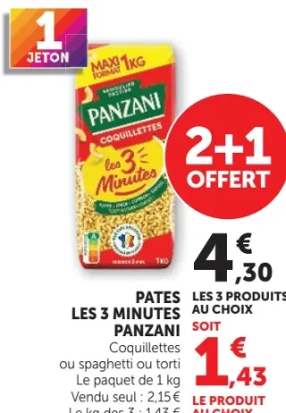 Pates 3 minutes Panzani Coquillettes ou spaghetti ou torti