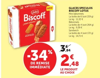 Glaces Speculos Biscoff Lotus Mini bâtonnets, Bâtonnets ou Sandwich