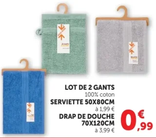 Lot de 2 gants ou Serviette 50x80cm ou Drap de douche 70x120cm