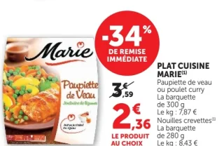 Plat Cuisine Marie - Paupiette de veau ou poulet curry ou Nouilles crevettes