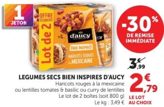 Legumes secs Bien Inspires d'Aucy Haricots rouges à la mexicaine ou lentilles tomates & basilic ou curry de lentilles