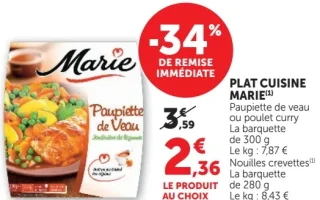 Plat cuisine Marie Paupiette de veau ou poulet curry ou Nouilles crevettes