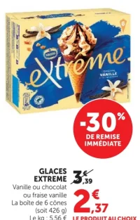 Glaces Extrême Vanille ou chocolat ou fraise vanille