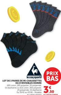 le coq sportif Lot de 3 paires de mi-chaussettes ou d'invisibles homme