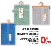 Lot de 2 gants ou Serviette 50x80cm ou Drap de douche 70x120cm
