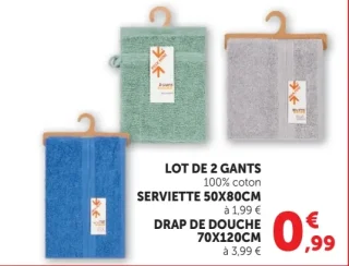 Lot de 2 gants, Serviette 50x80cm, Drap de douche 70x120cm