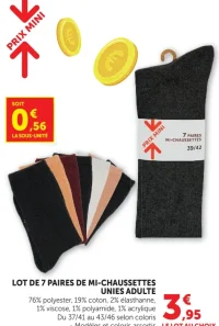Lot de 7 paires de mi-chaussettes unies adulte