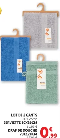 Lot de 2 gants / Serviette 50x80cm / Drap de douche 70x120cm