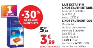 Tablettes de chocolat Lindt L'Authentique Lait Extra Fin, Double lait ou éclat de noisettes