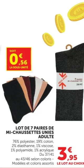 Lot de 7 paires de mi-chaussettes unies adulte