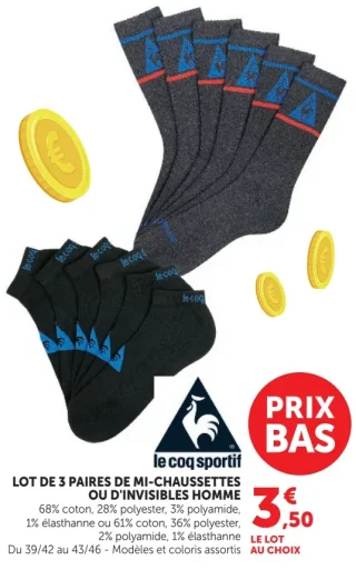 Lot de 3 paires de mi-chaussettes ou d'invisibles homme le coq sportif