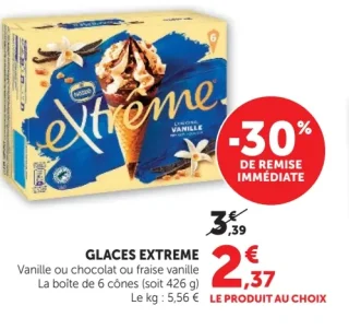 Glaces Extrême Vanille ou chocolat ou fraise vanille