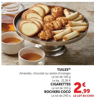 Tuiles Amandes, chocolat ou zestes d'oranges, Cigarettes, Rochers Coco