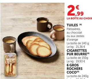 Tuiles ou Cigarettes pur beurre ou 6 gros rochers coco
