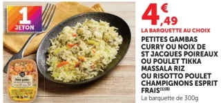 Petites gambas curry, noix de St Jacques poireaux, poulet tikka massala riz ou risotto poulet champignons Esprit Frais