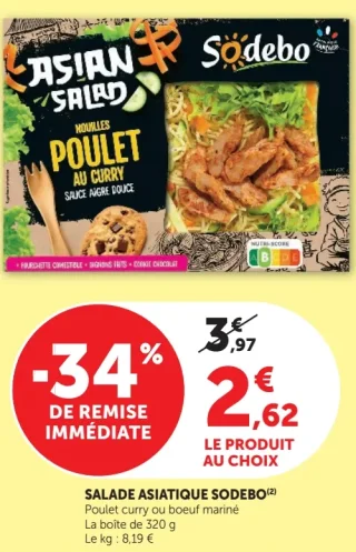 Salade asiatique Sodebo Poulet curry ou boeuf mariné