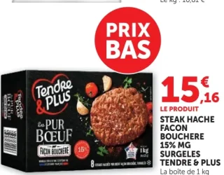 Tendre & Plus Steak Hache Façon Bouchère 15% MG Surgelés
